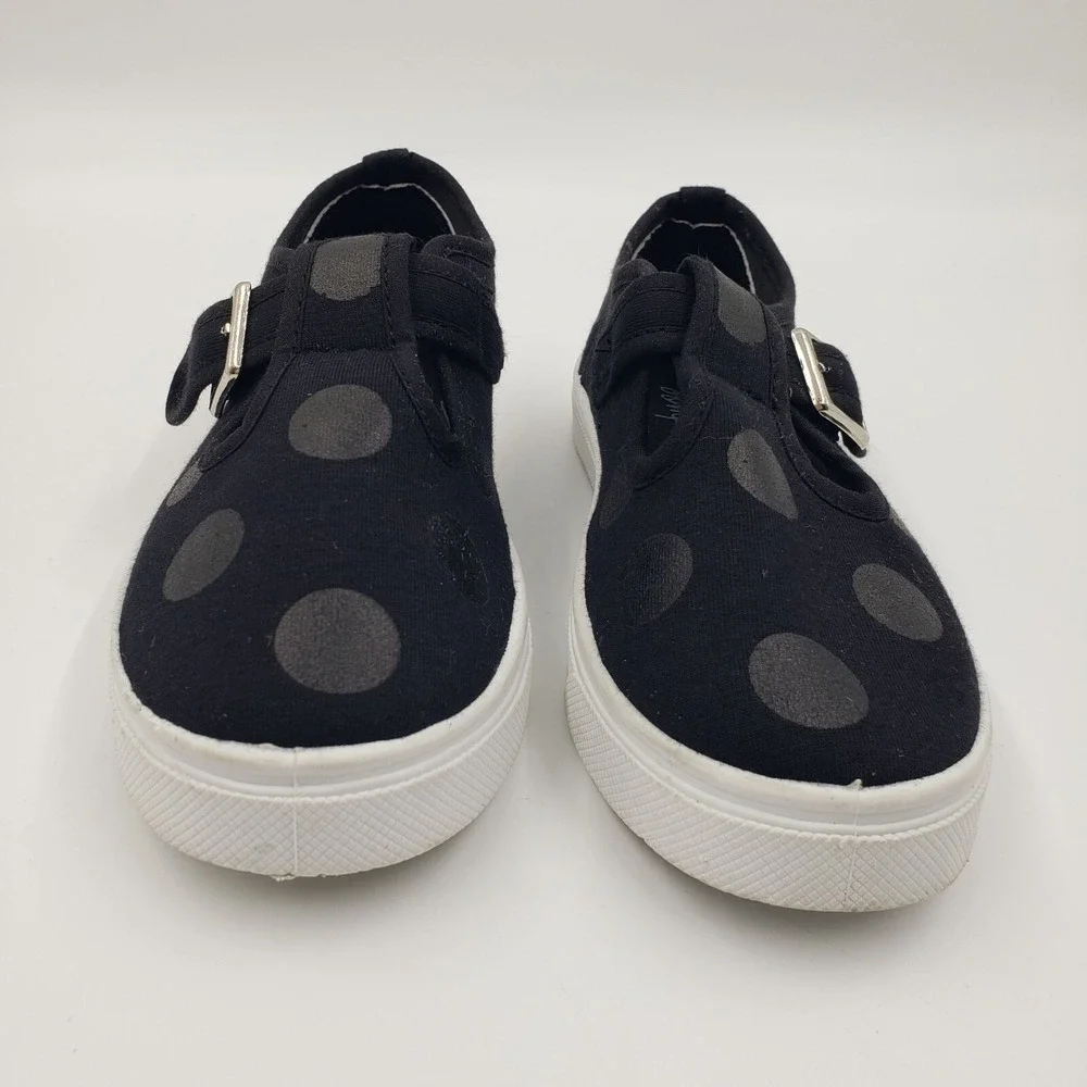 oomphies Mary Jane Shoes Polka Dot‎ Tone on Tone Black Canvas Buckle SZ 12Y EUC